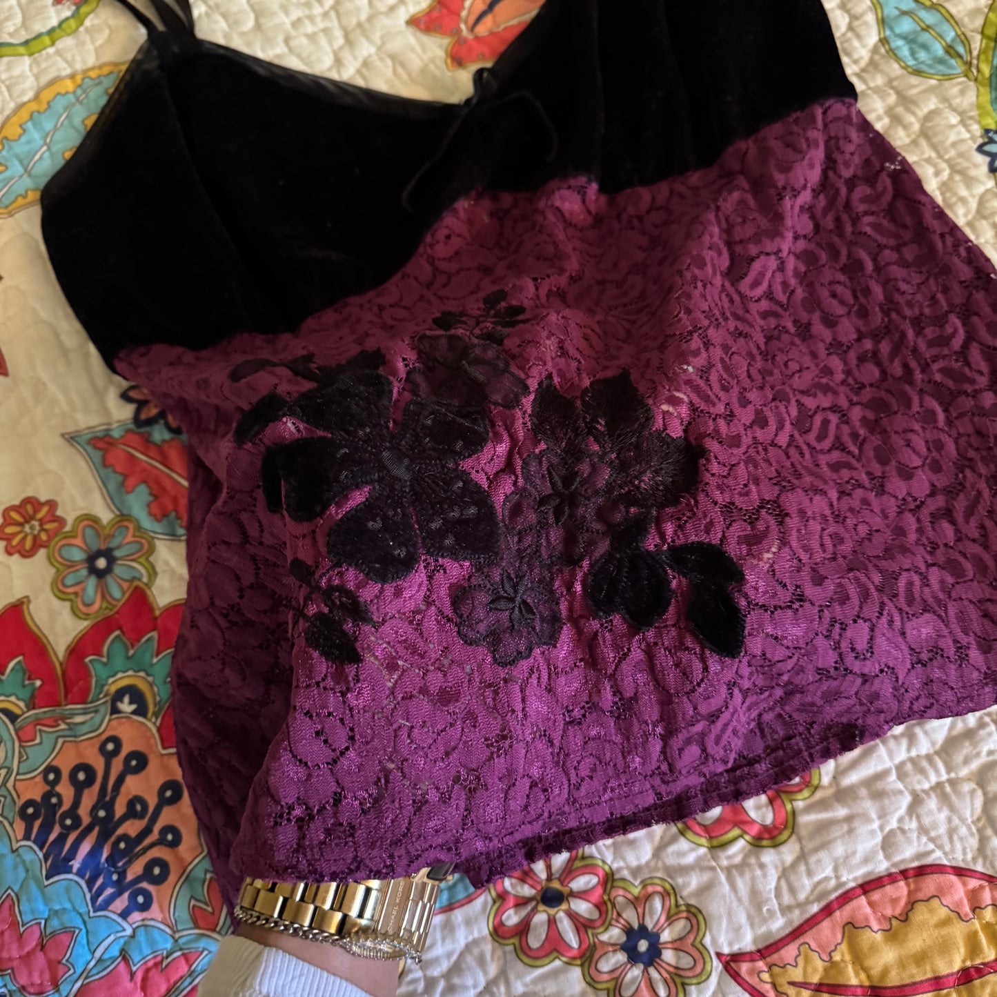 purple & black floral velvet mesh y2k fairy cami top (L/XL)