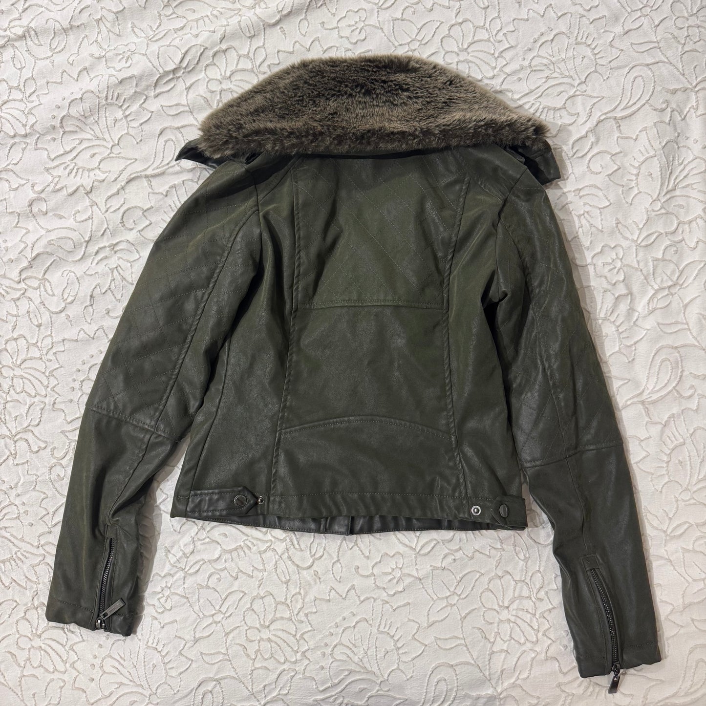 Army Green ‘Jou Jou’ Faux Fur Leather Moto Jacket