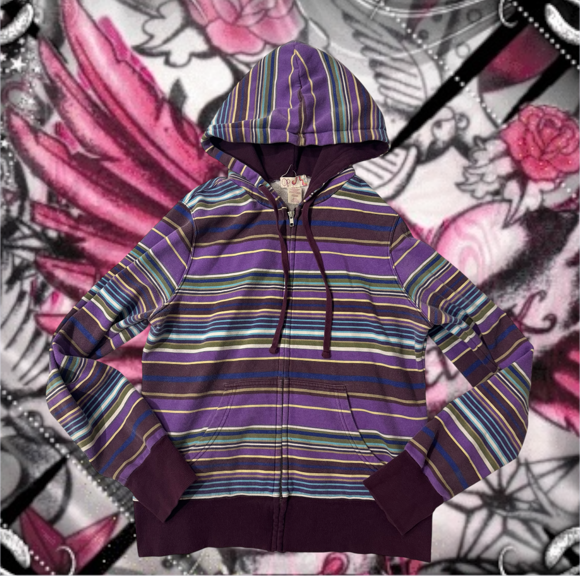 Purple Multicolored ‘OP’ Y2K Zip Up Hoodie Jacket
