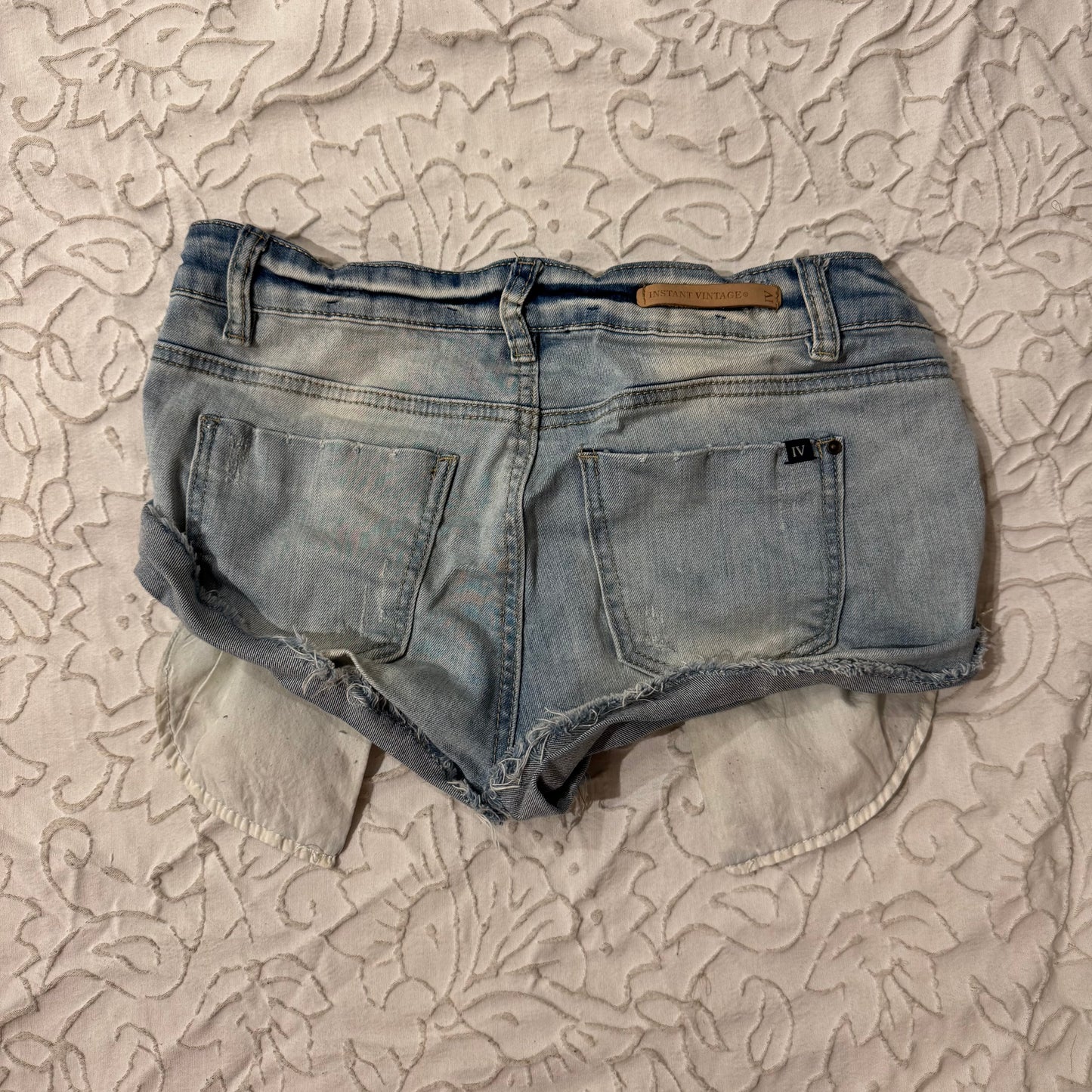 Light Denim ‘Instant Vintage’ Embroidered Low Rise Shorty Shorts