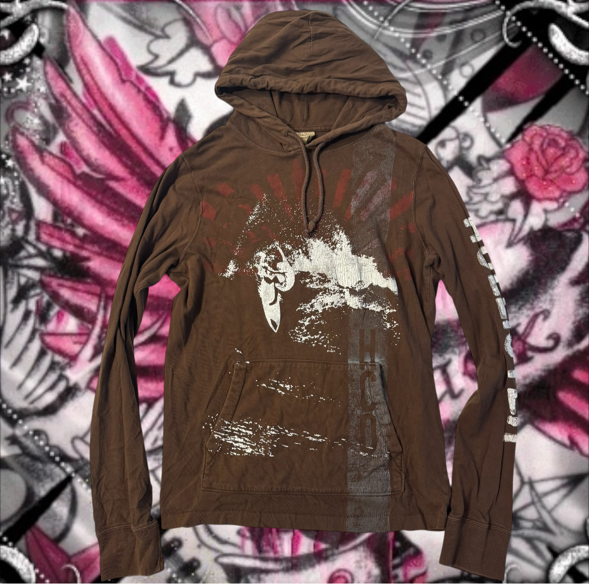 Brown ‘Hollister’ Y2K Men’s Surfing Graphic Hoodie Shirt