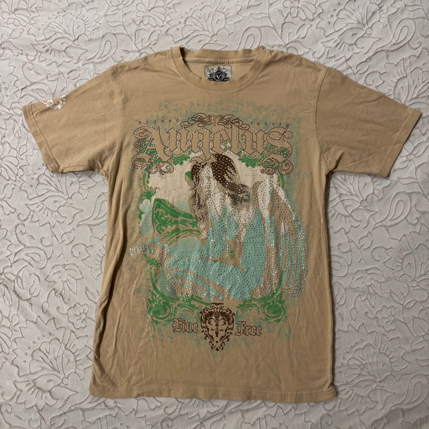 Beige ‘Vigo’ Cybery2k Rhinestone Girl Gun Angel Men’s Shirt