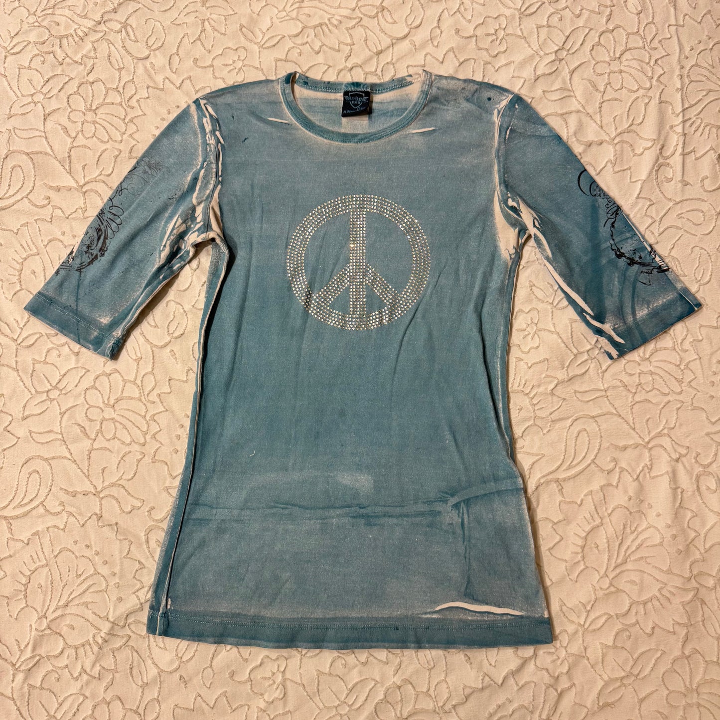 Aqua Blue ‘Sledge’ Y2K Rhinestone Peace Sign Half Sleeves Shirt