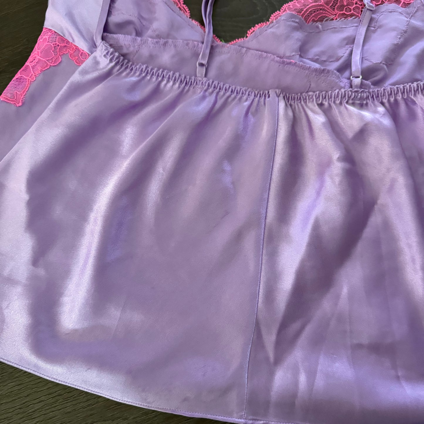 beautiful vibrant purple & pink lace trim lingerie top