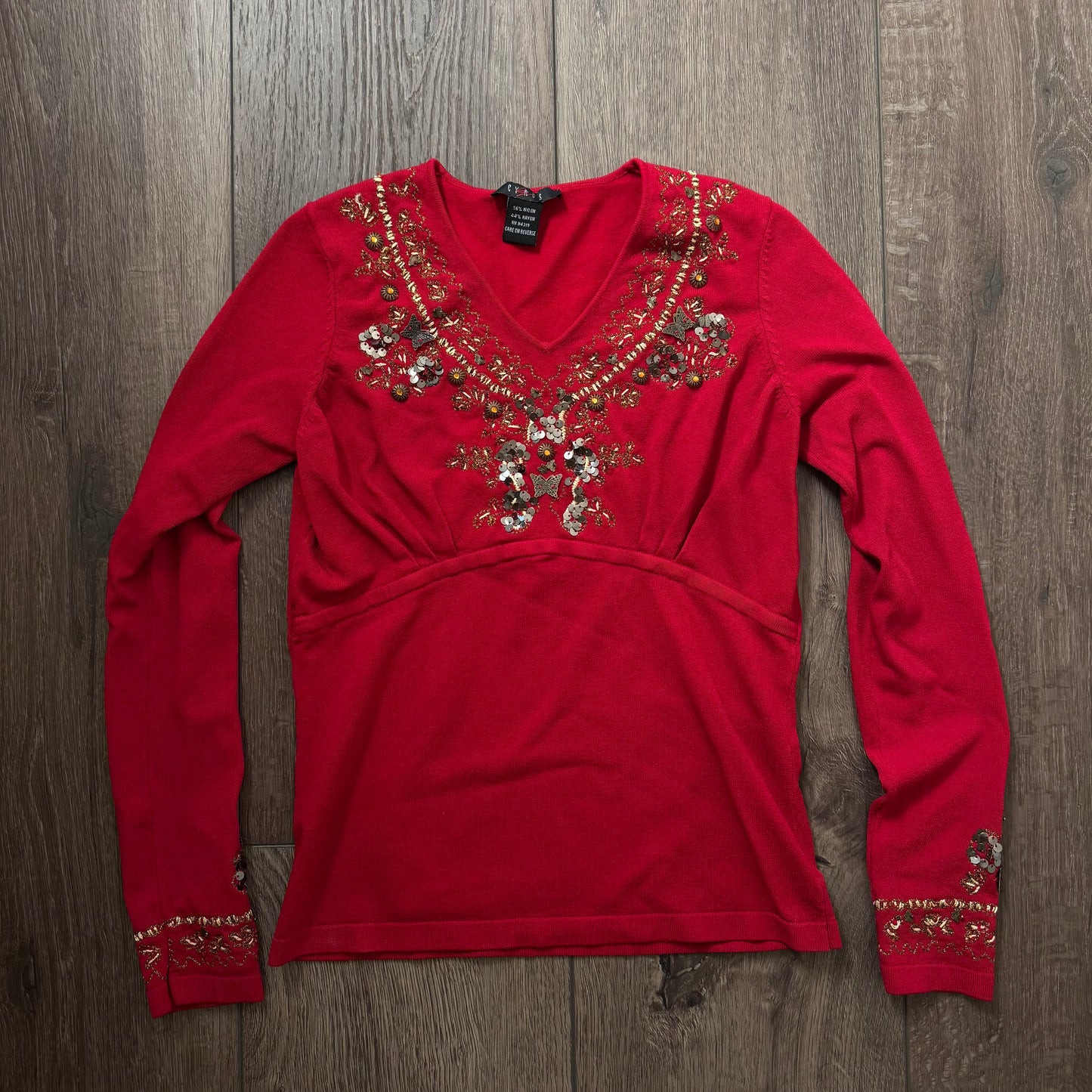 Red ‘Cyrus’ Butterfly Sequin Beaded Long Sleeve Top