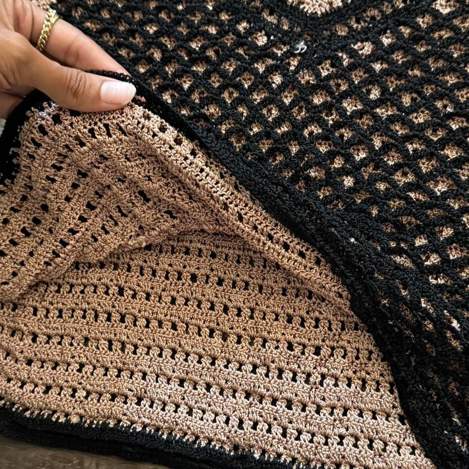 Black & Light Brown ‘Kroshetta by Papillon’ Crotchet V Neck Cropped Top