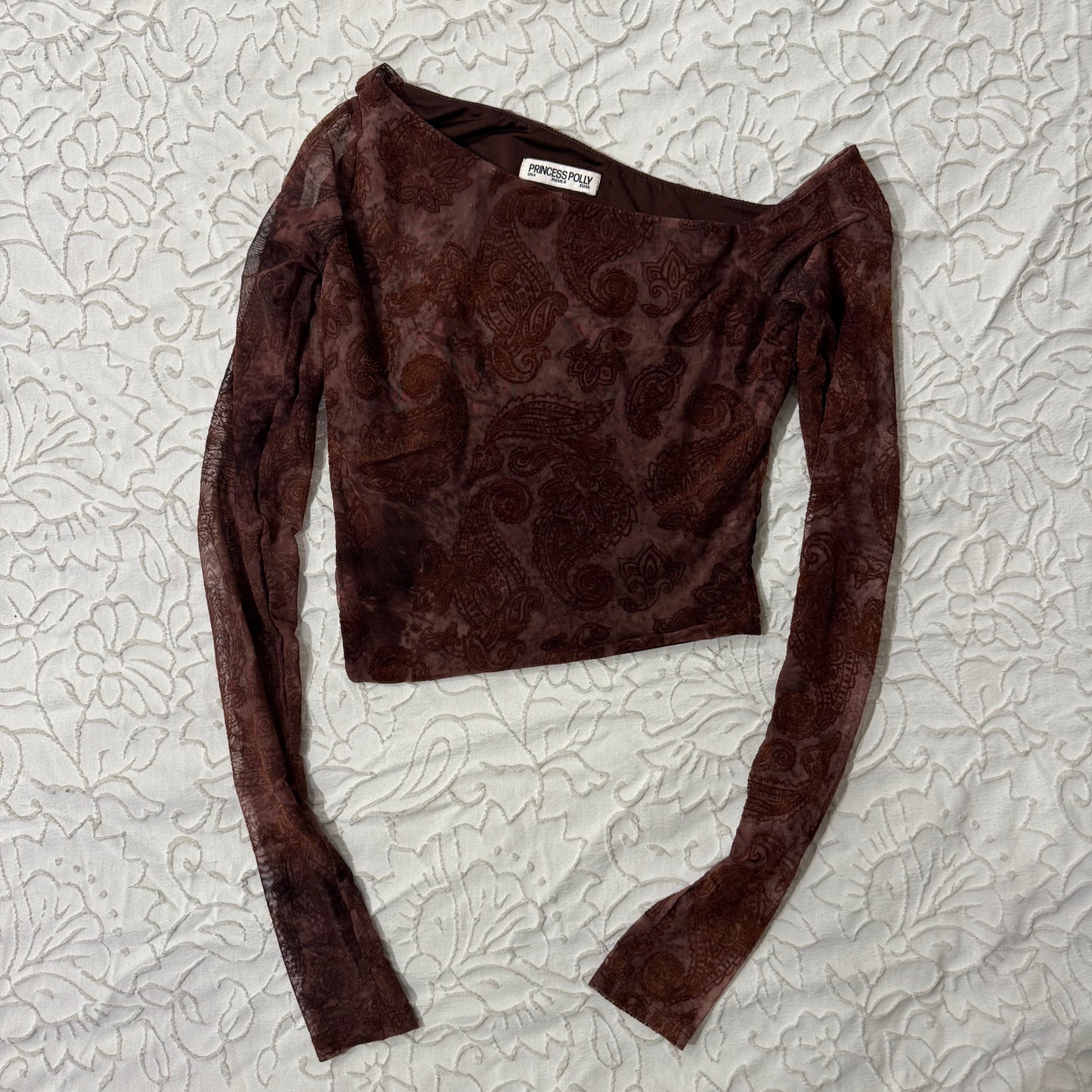 Brown ‘Princess Poly’ Asymmetrical Off the Shoulder Mesh Top