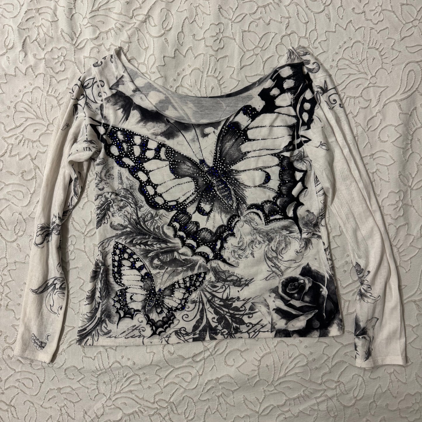 White Y2K Rhinestone Butterfly Long Off the Shoulder Sleeve Top