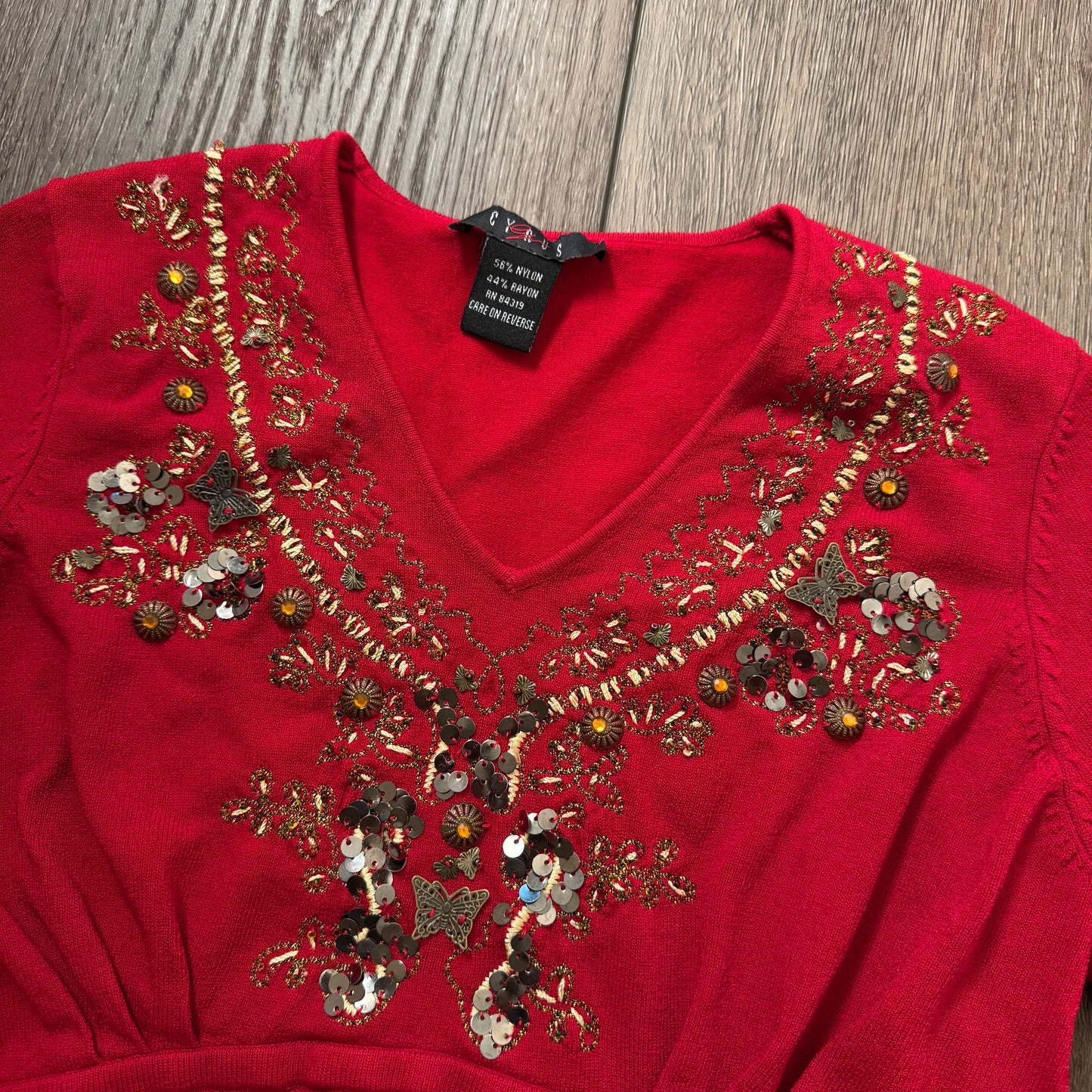 Red ‘Cyrus’ Butterfly Sequin Beaded Long Sleeve Top