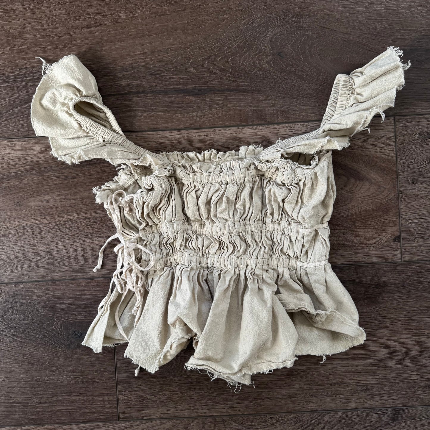 grayish beige free people off the shoulder fairycore distressed top (M)