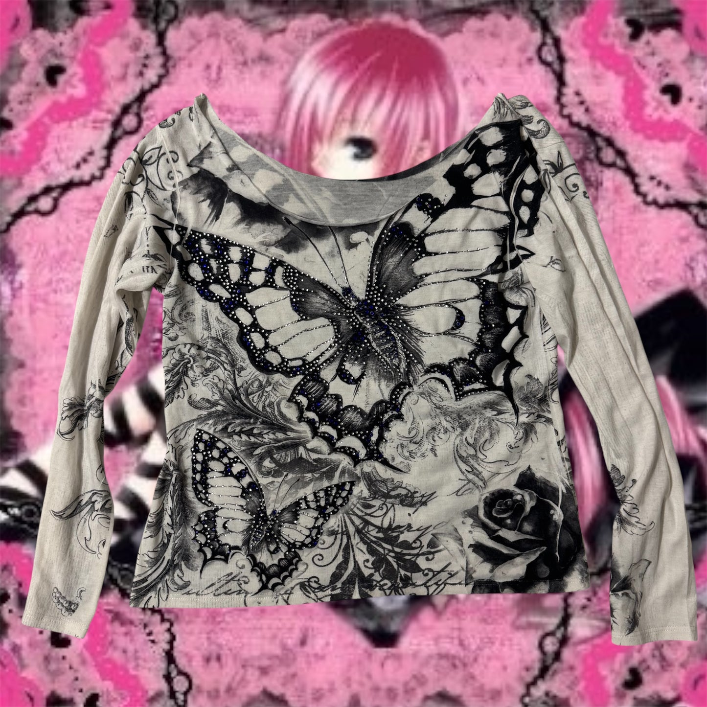 White Y2K Rhinestone Butterfly Long Off the Shoulder Sleeve Top