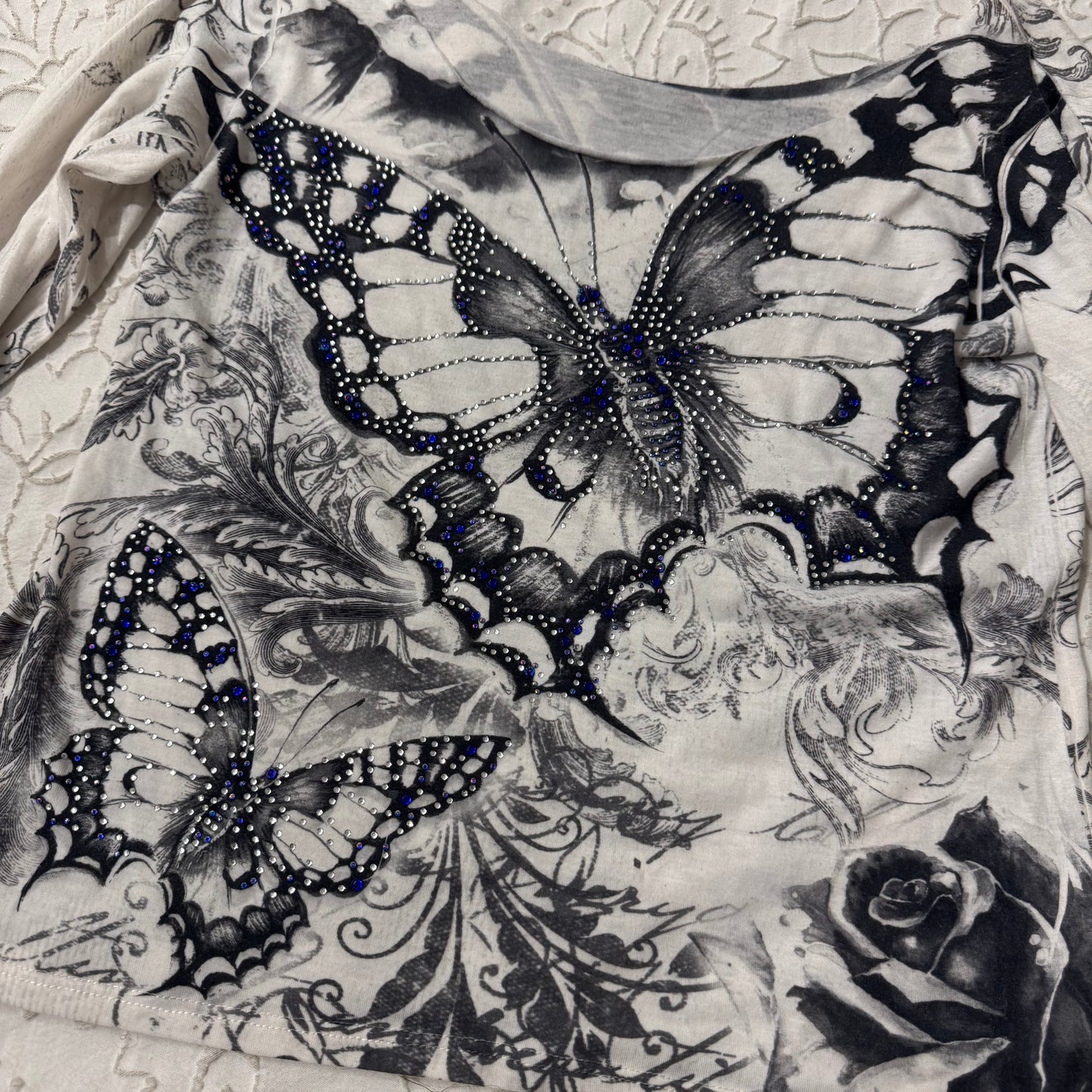 White Y2K Rhinestone Butterfly Long Off the Shoulder Sleeve Top
