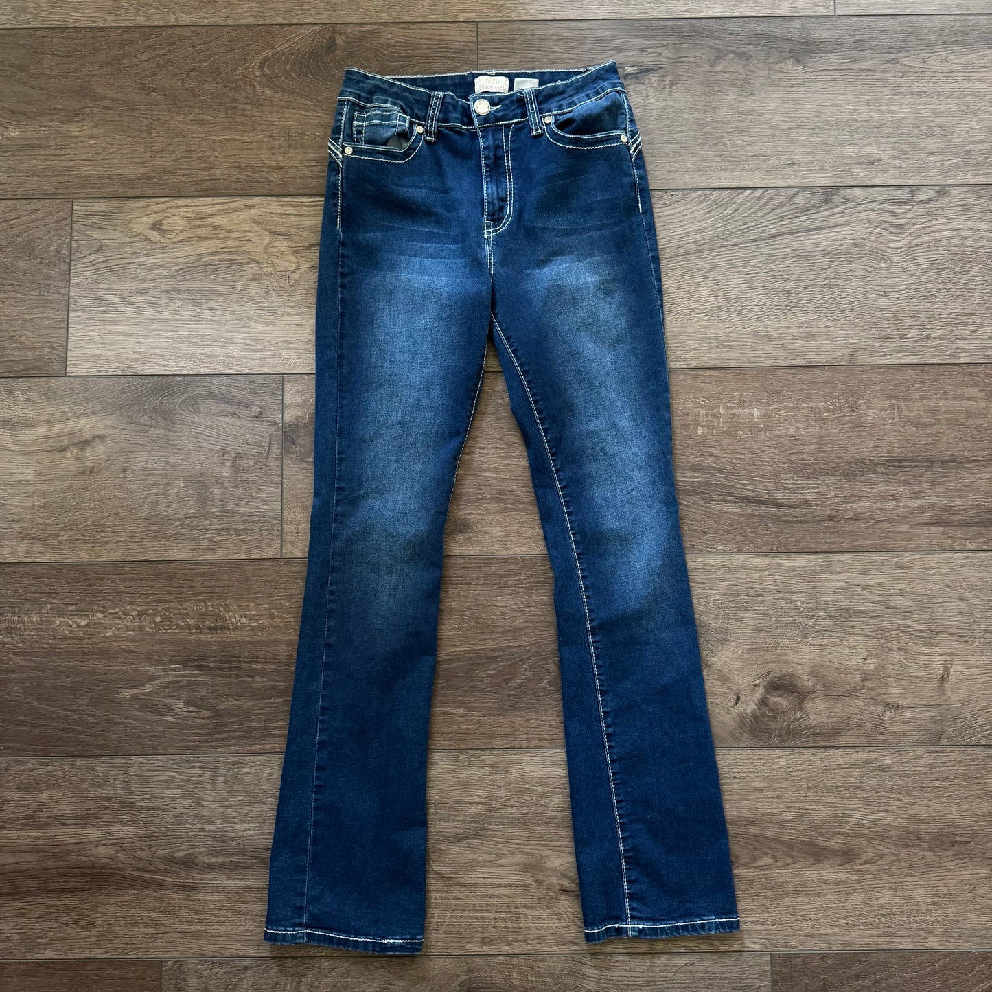 Dark Denim Blue ‘Lilac Sunset’ Cross Embellished Straight High Rise Jeans