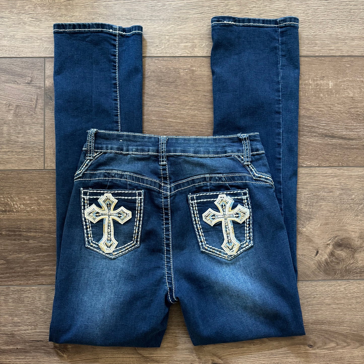 Dark Denim Blue ‘Lilac Sunset’ Cross Embellished Straight High Rise Jeans
