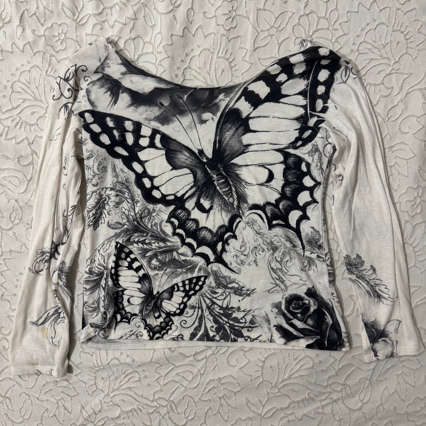 White Y2K Rhinestone Butterfly Long Off the Shoulder Sleeve Top