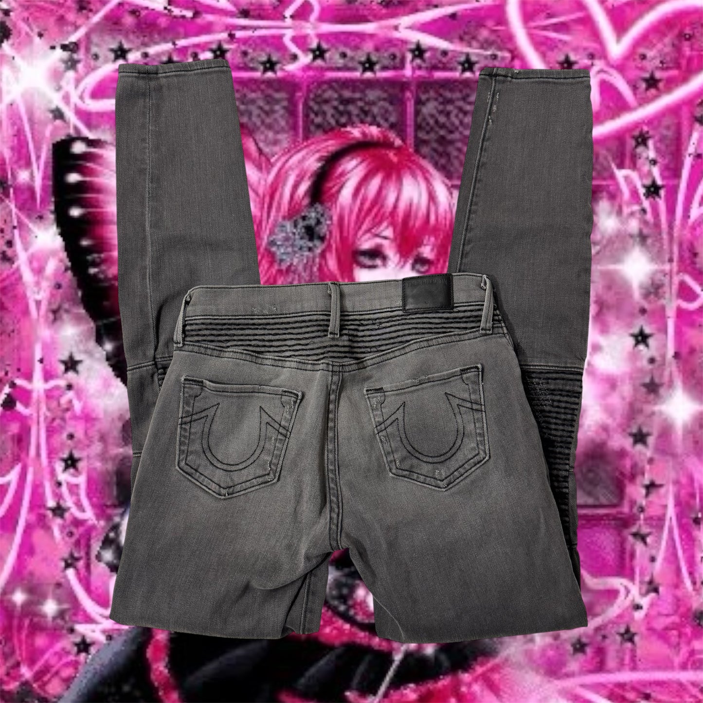 Black Light Washed ‘True Religion’ Biker Midrise Skinny Jeans