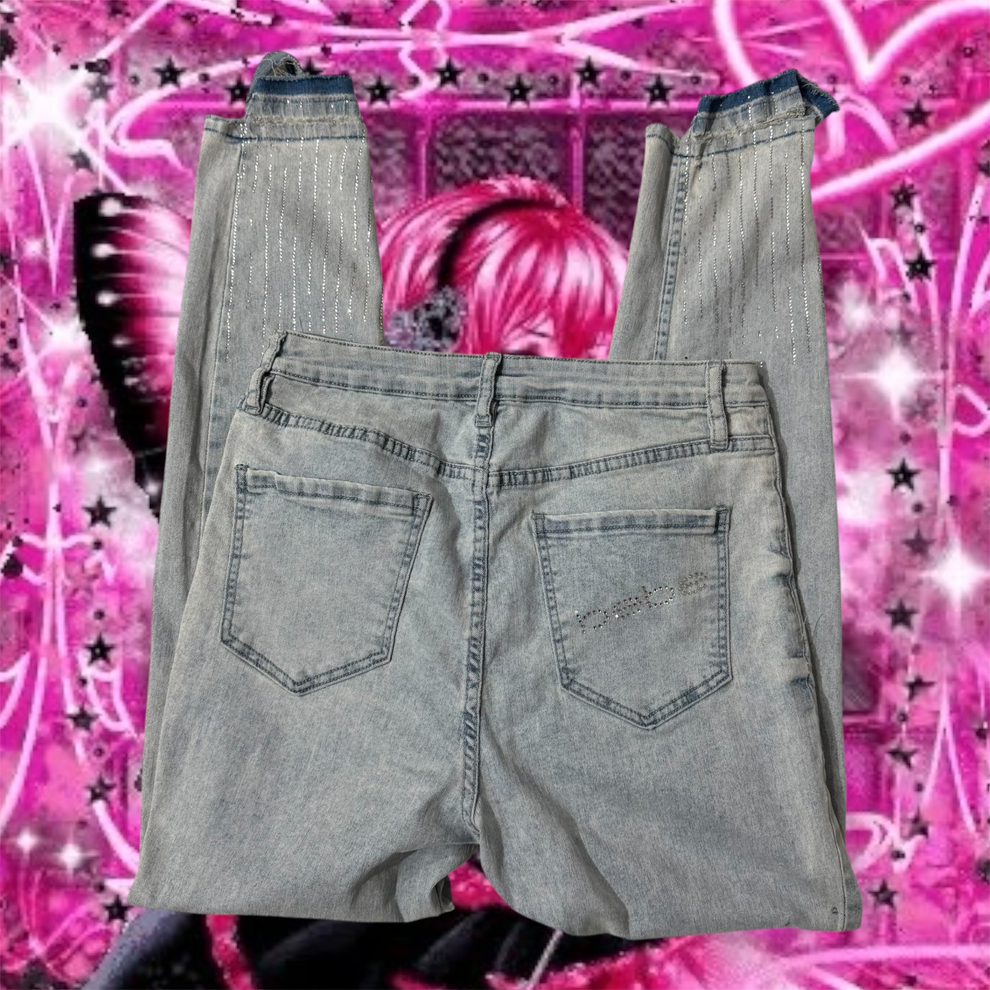 Light Washed ‘Bebe’ Rhinestone High Waisted Skinny Jeans