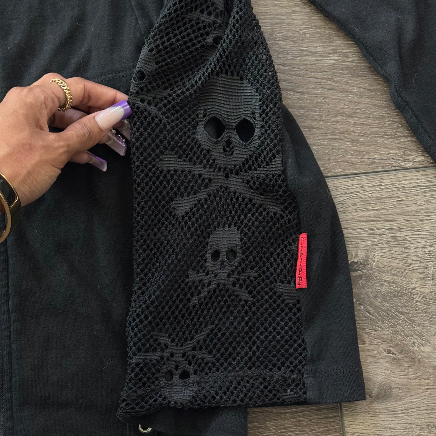 rare black tripp nyc mesh skull grungy zip up jacket hoodie