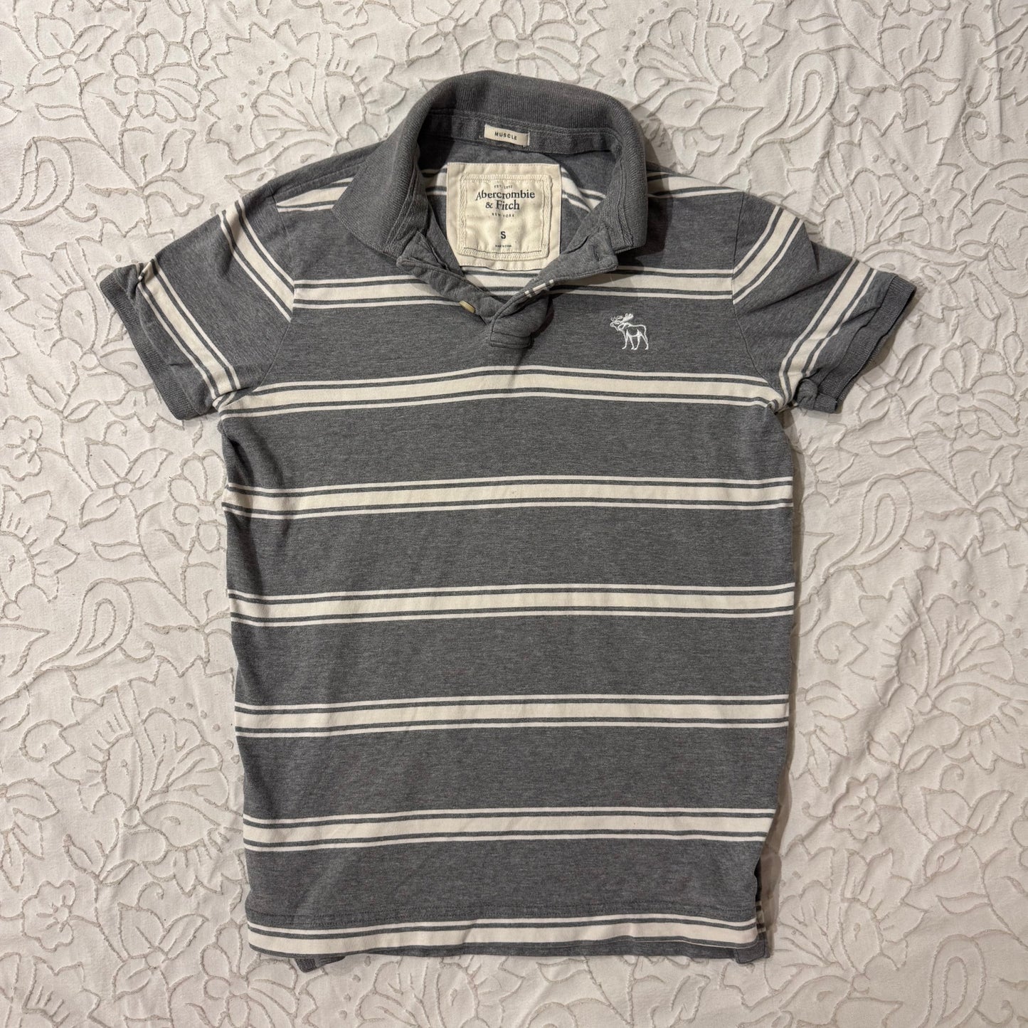 Grey & White ‘Abercrombie & Fitch’ Stripped Polo Shirt