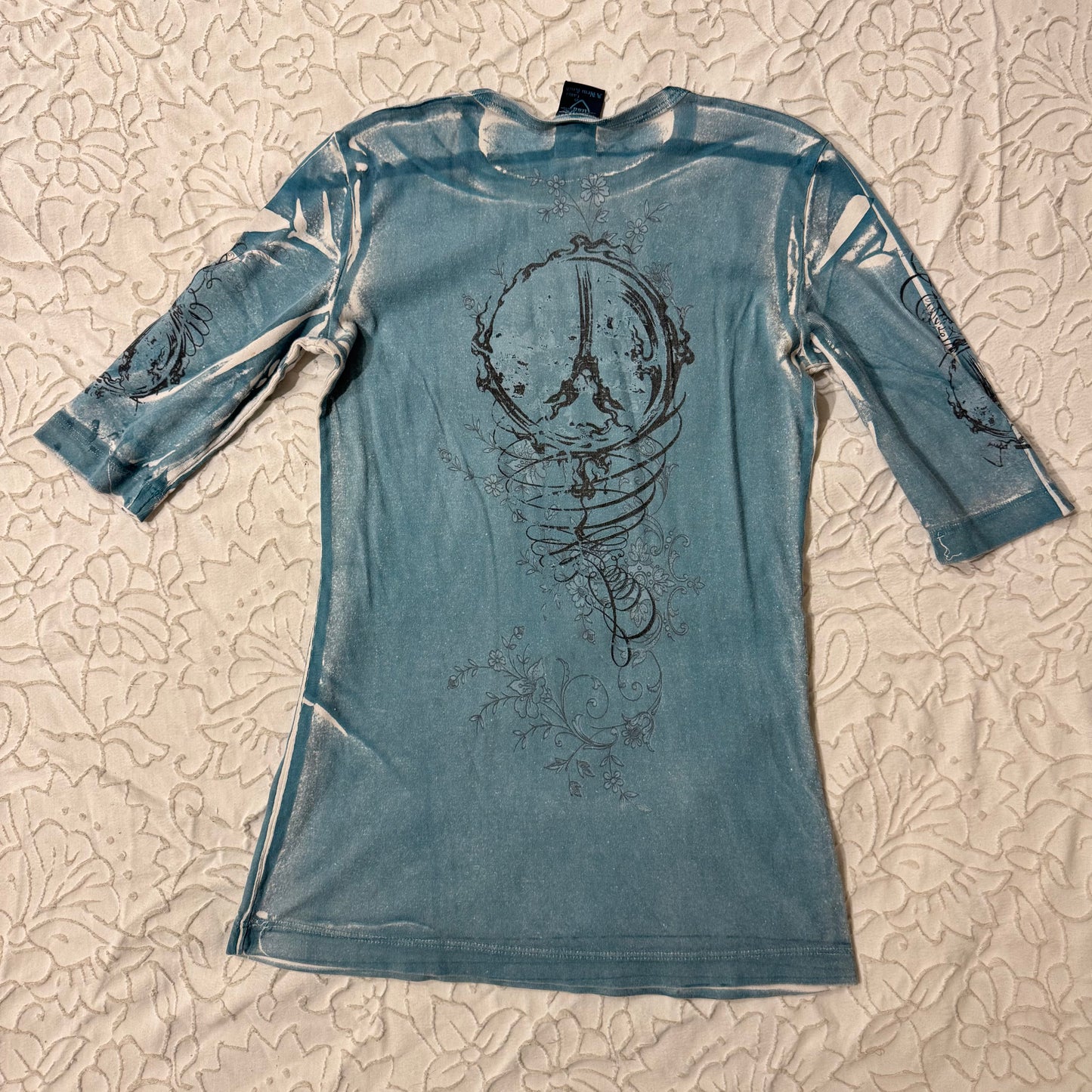 Aqua Blue ‘Sledge’ Y2K Rhinestone Peace Sign Half Sleeves Shirt