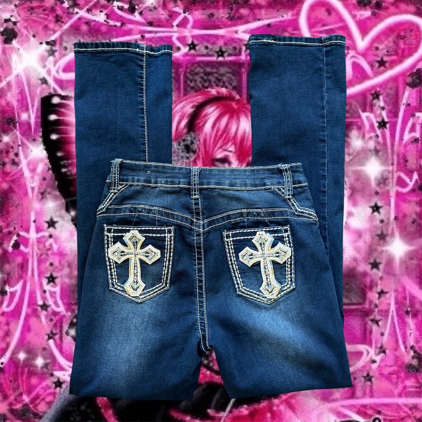Dark Denim Blue ‘Lilac Sunset’ Cross Embellished Straight High Rise Jeans