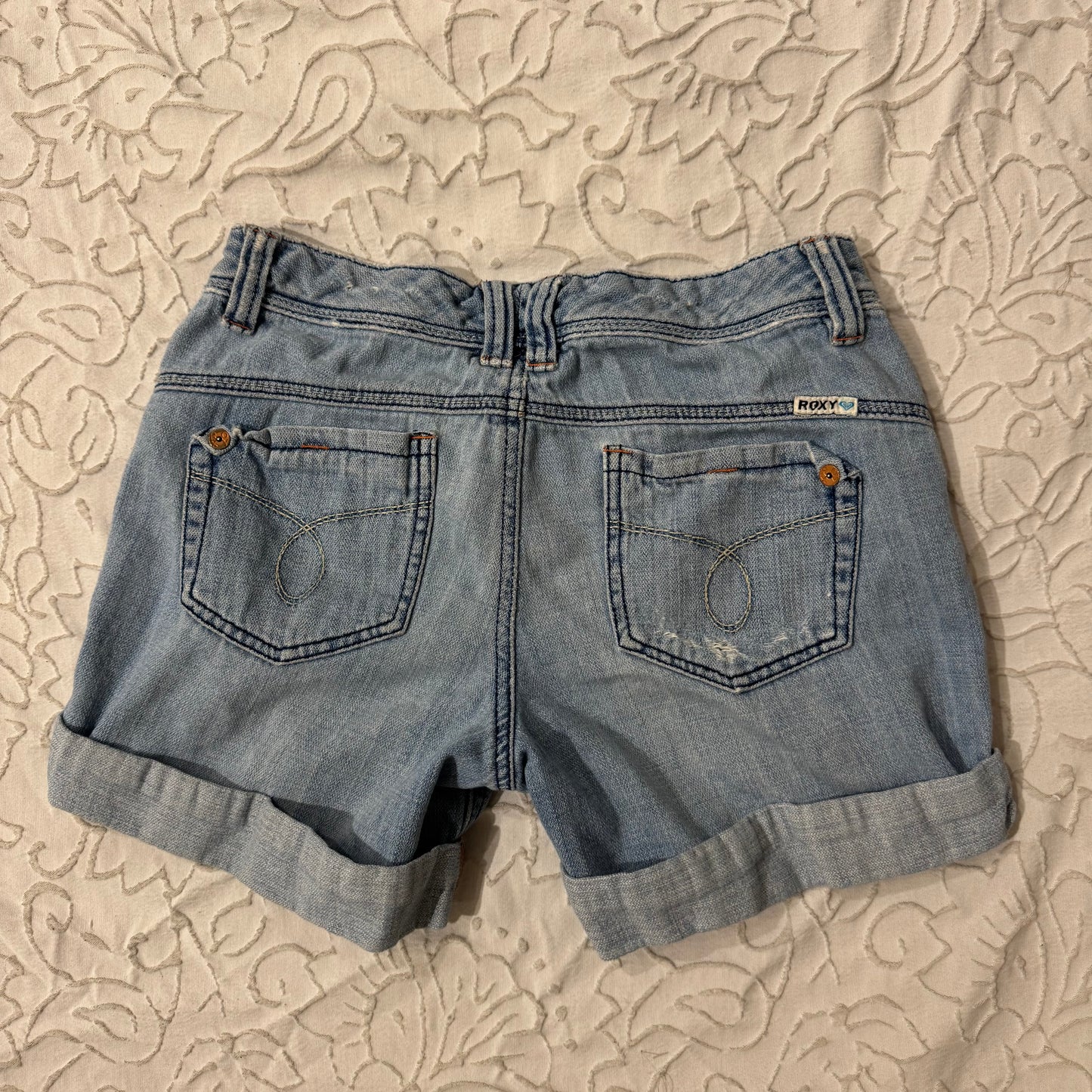 Light Washed ‘Roxy’ Denim Paint Splatter Low Rise Shorts
