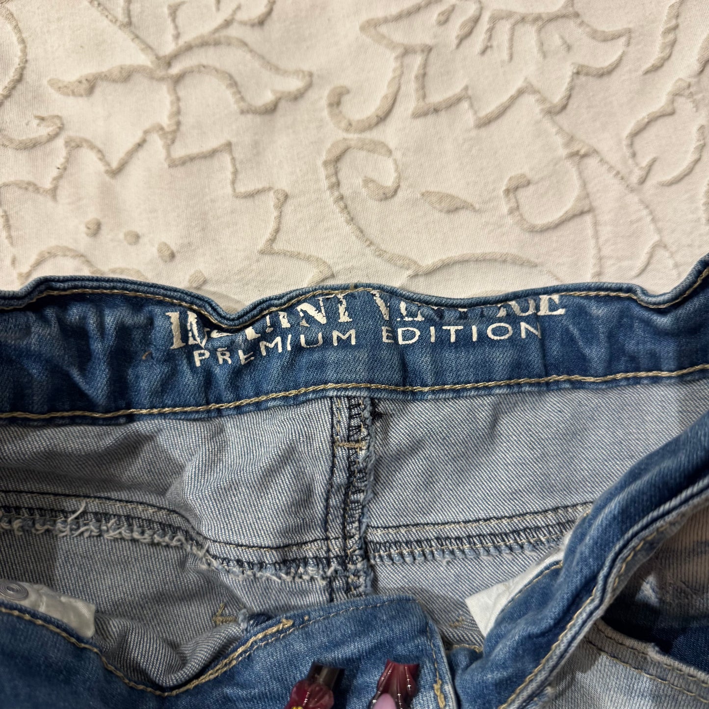 Light Denim ‘Instant Vintage’ Embroidered Low Rise Shorty Shorts
