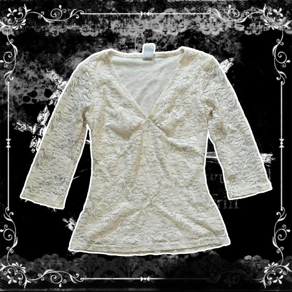 White ‘Wrapper’ Y2K Lace 3/4 Sleeves V Neck Blouse