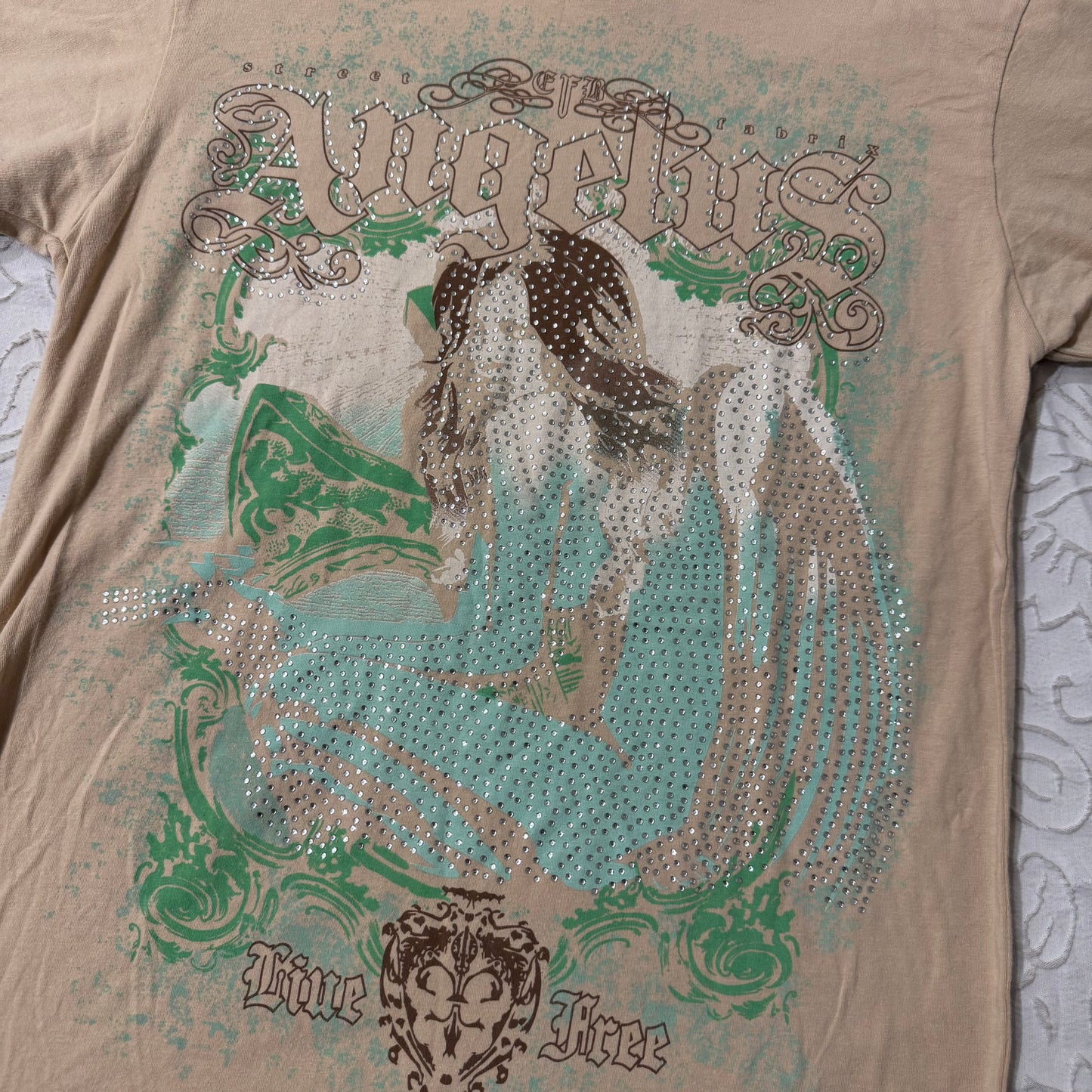 Beige ‘Vigo’ Cybery2k Rhinestone Girl Gun Angel Men’s Shirt