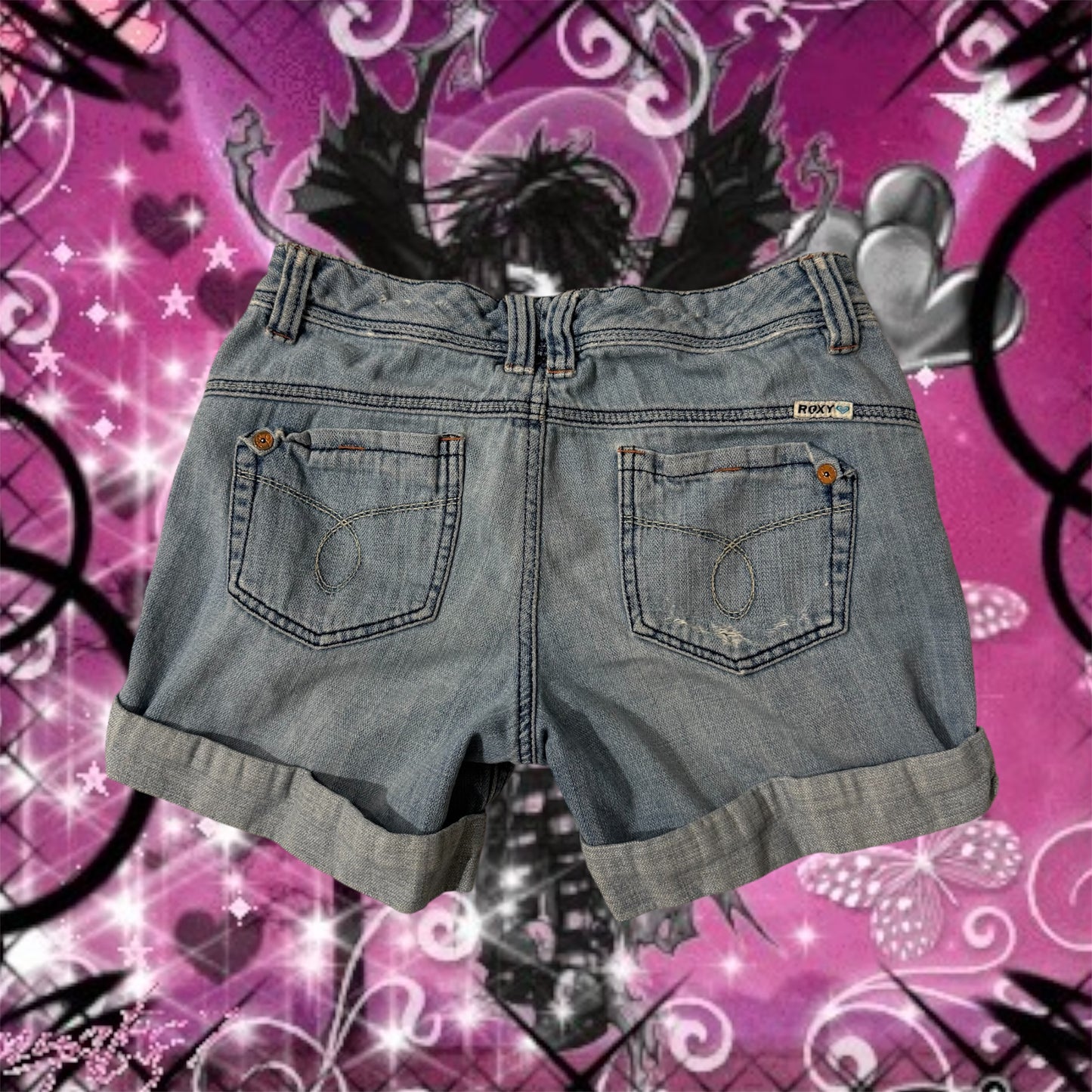Light Washed ‘Roxy’ Denim Paint Splatter Low Rise Shorts
