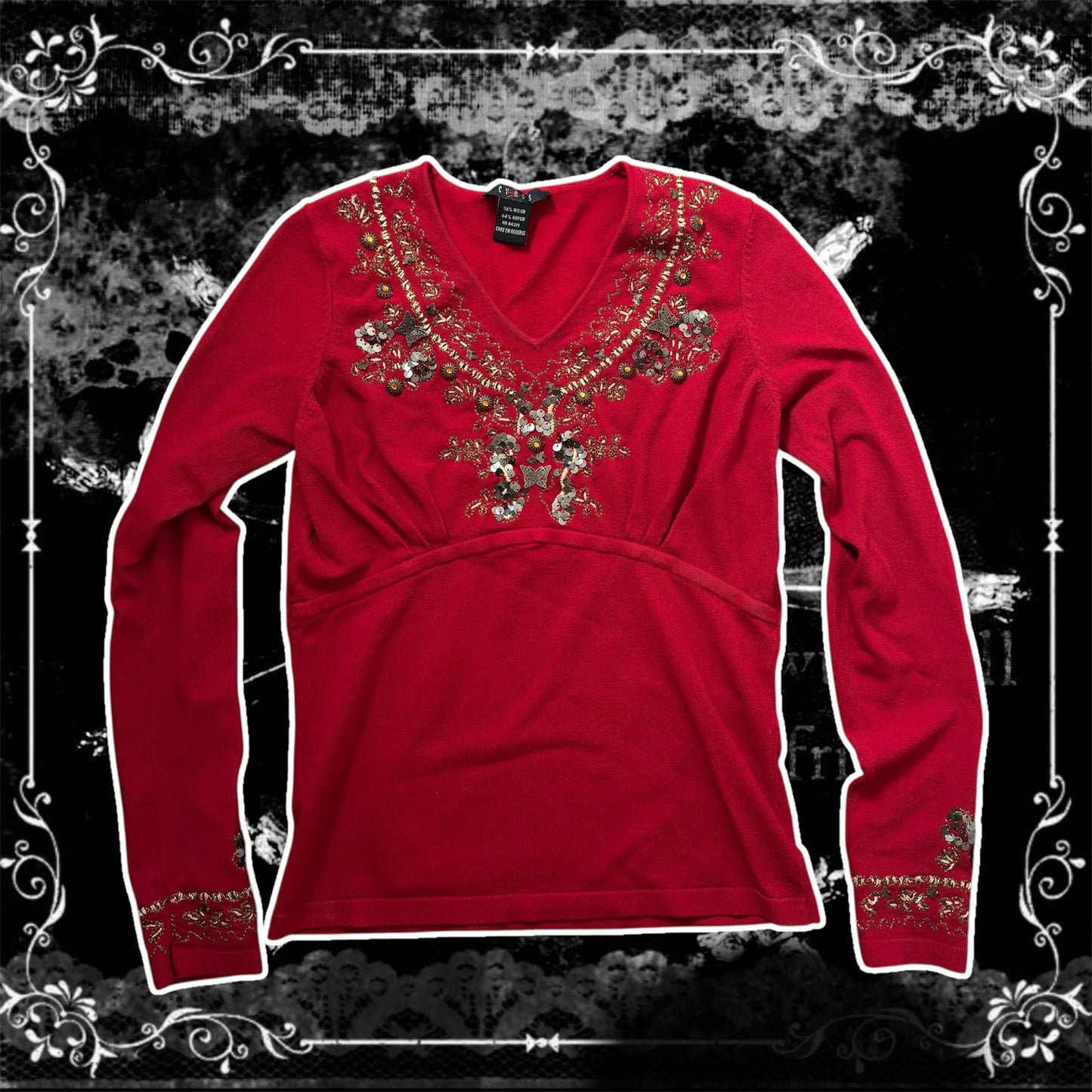 Red ‘Cyrus’ Butterfly Sequin Beaded Long Sleeve Top
