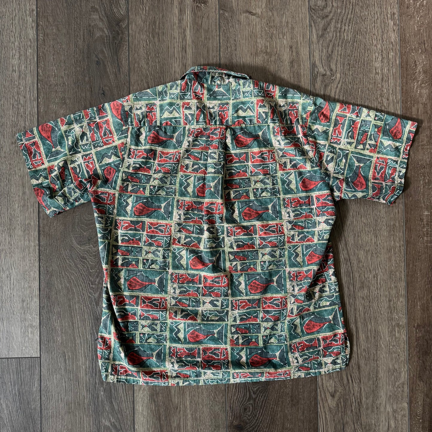 green & red fish hawaiian vintage polo button up mens shirt