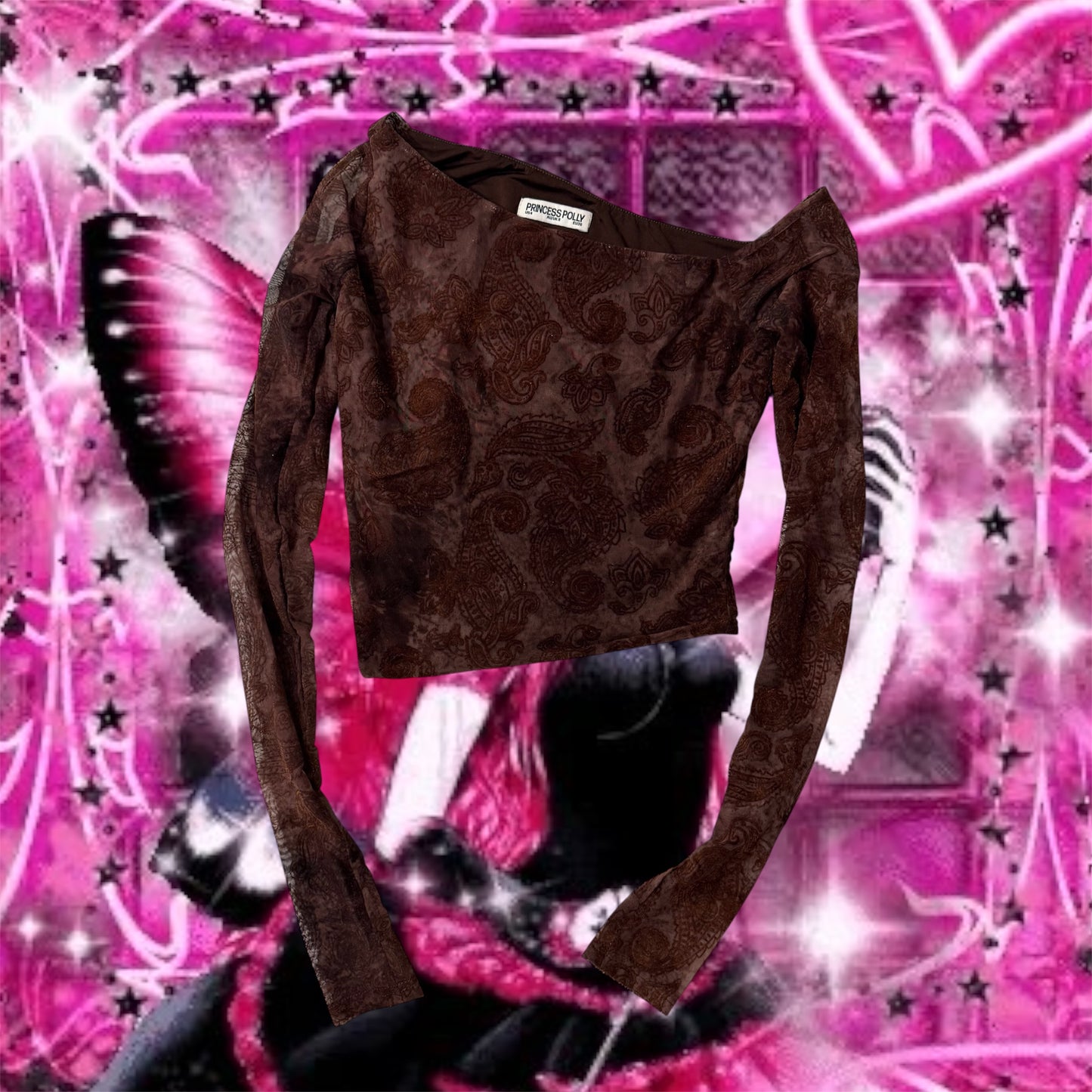 Brown ‘Princess Poly’ Asymmetrical Off the Shoulder Mesh Top
