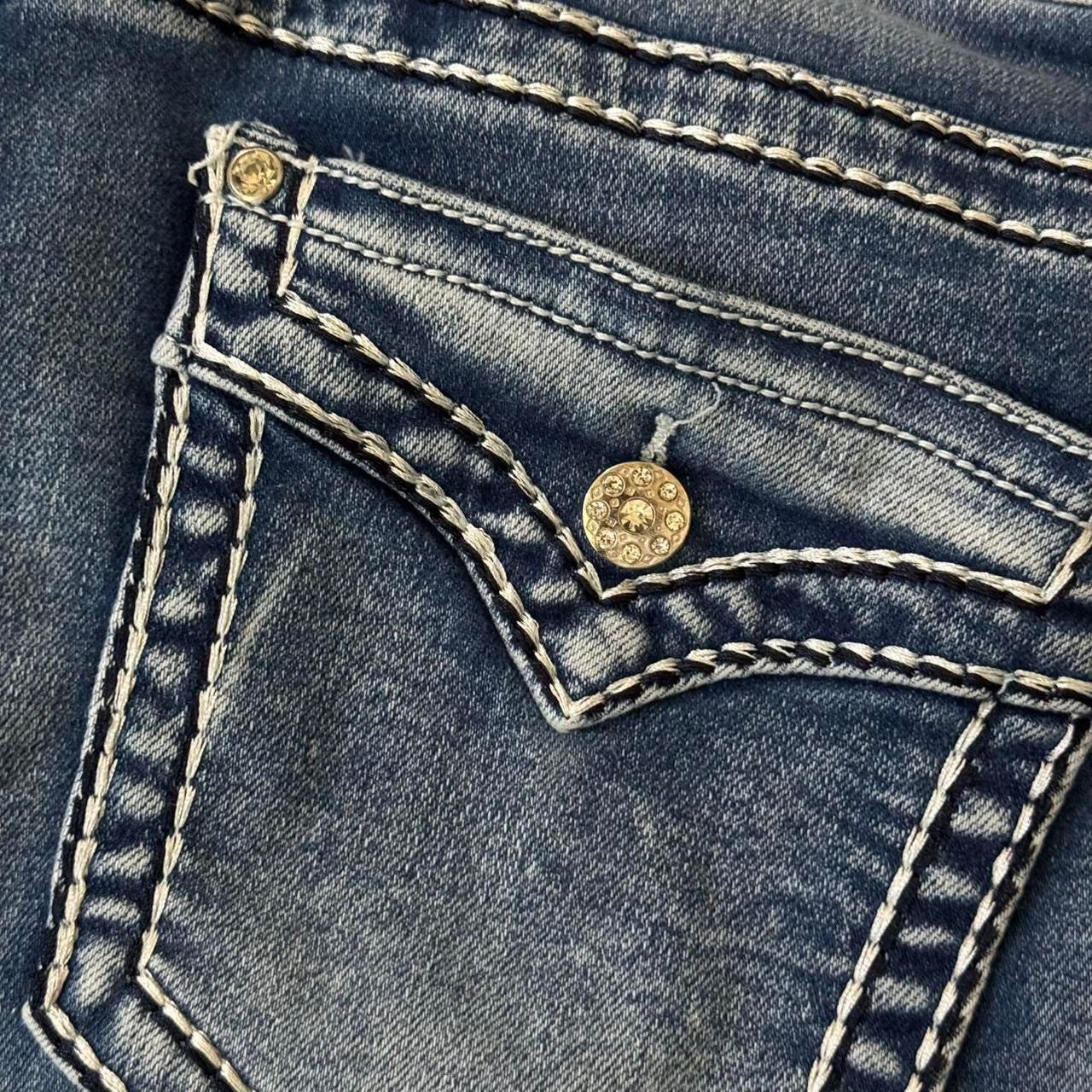 light blue distressed y2k rhinestone embellished contrast stitching highrise bootcut jeans