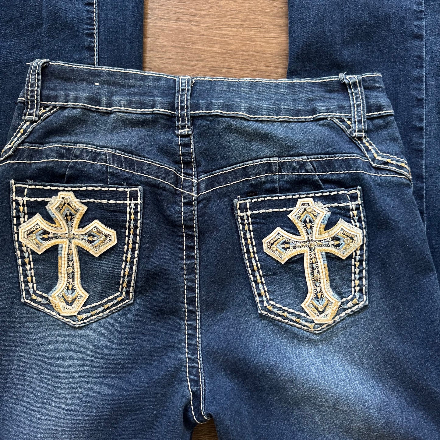Dark Denim Blue ‘Lilac Sunset’ Cross Embellished Straight High Rise Jeans