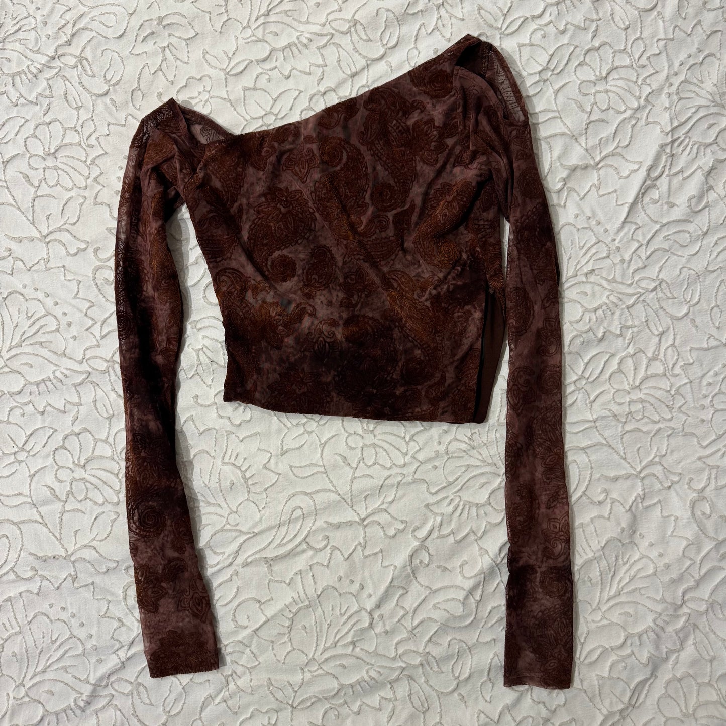 Brown ‘Princess Poly’ Asymmetrical Off the Shoulder Mesh Top