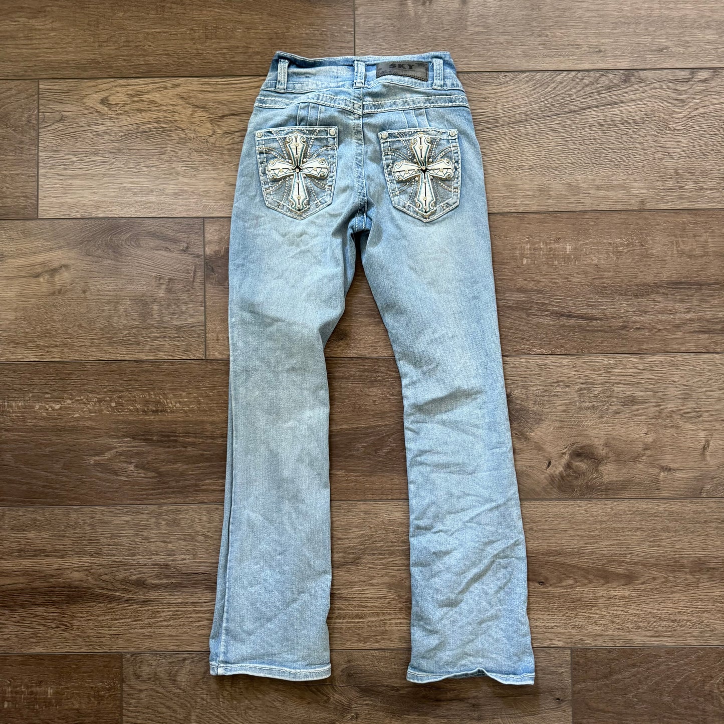 Light Washed ‘SKY’ High Rise Cross Rhinestone Straight Jeans