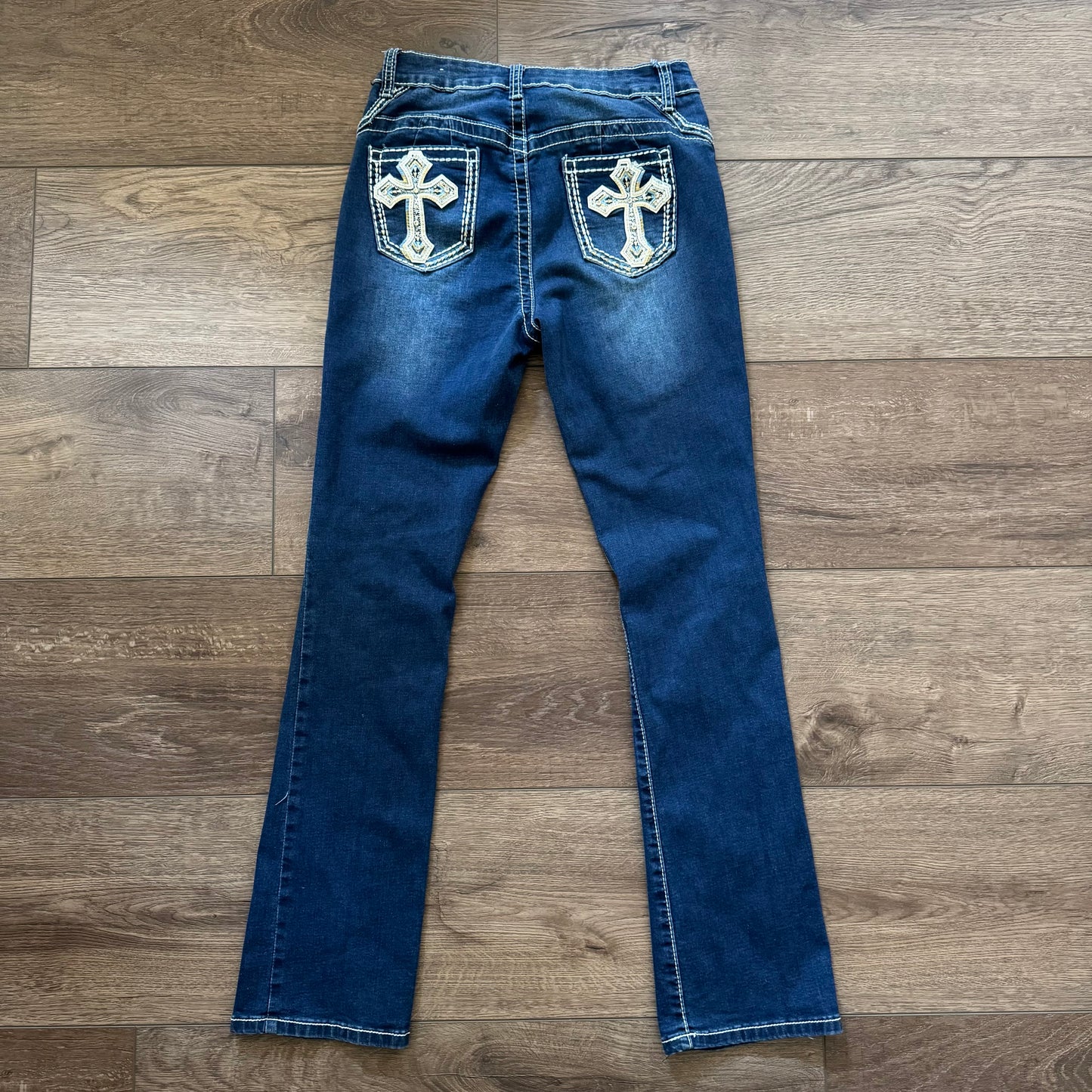 Dark Denim Blue ‘Lilac Sunset’ Cross Embellished Straight High Rise Jeans