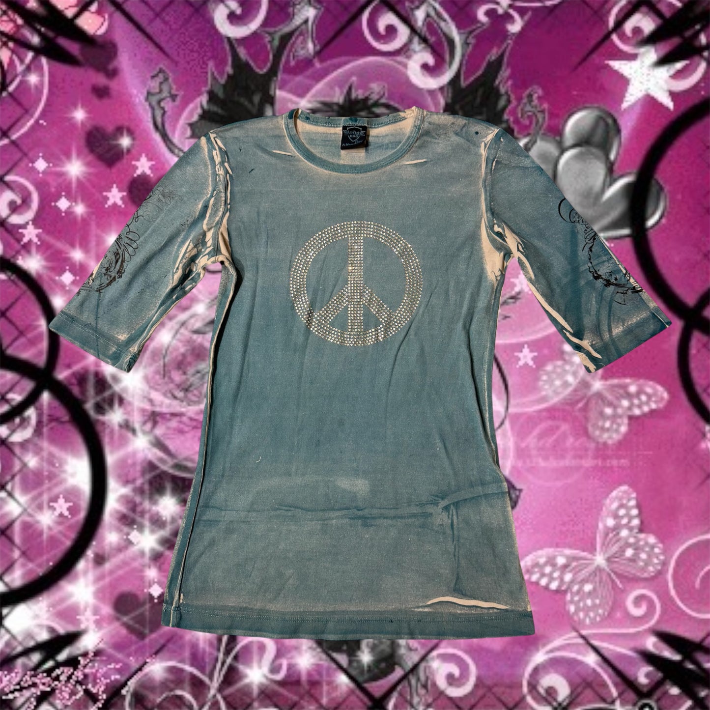 Aqua Blue ‘Sledge’ Y2K Rhinestone Peace Sign Half Sleeves Shirt