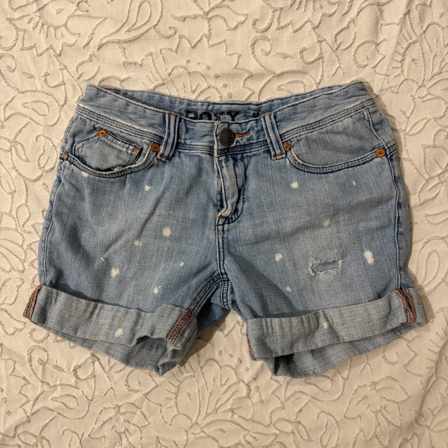 Light Washed ‘Roxy’ Denim Paint Splatter Low Rise Shorts