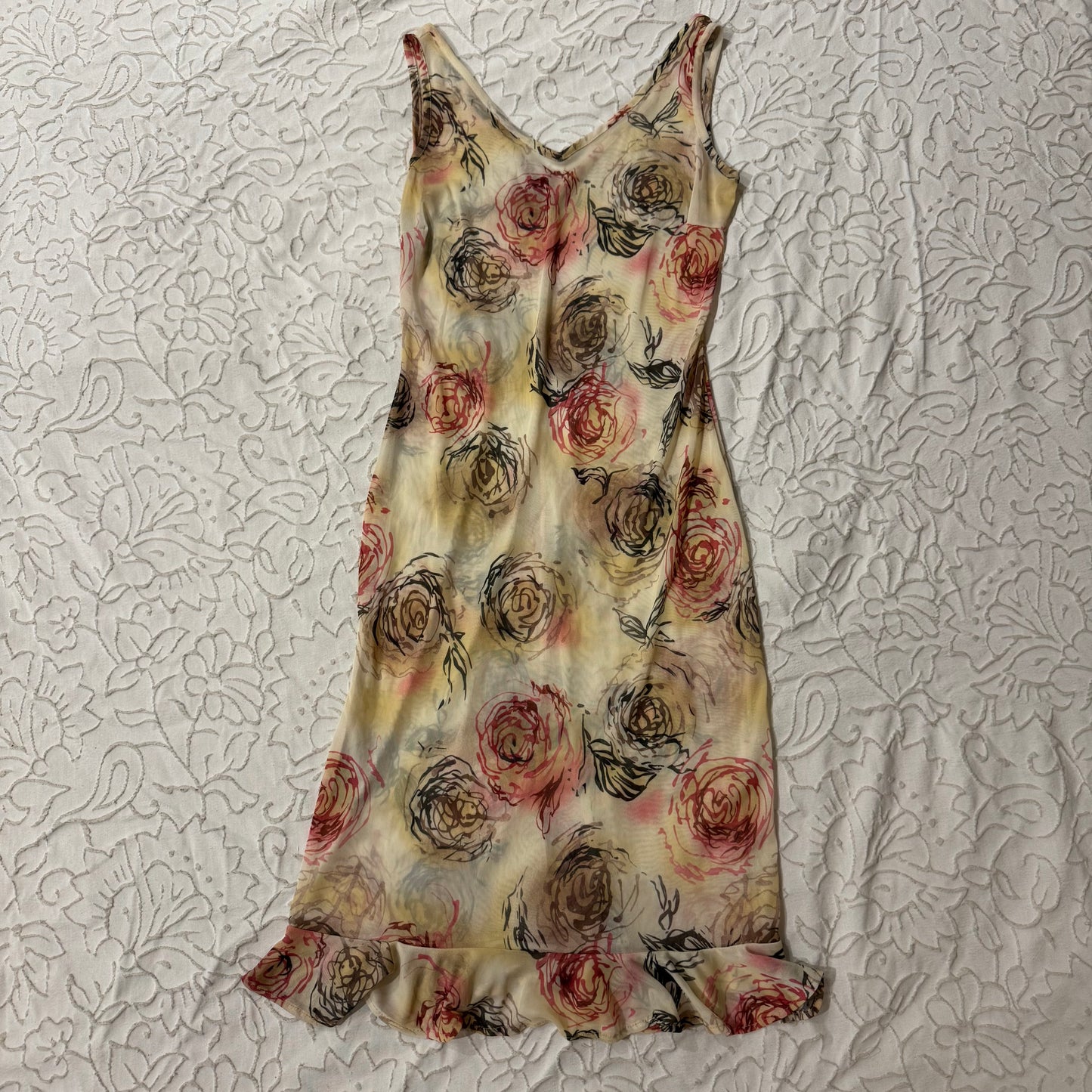 Creme Floral Mesh Long Dress