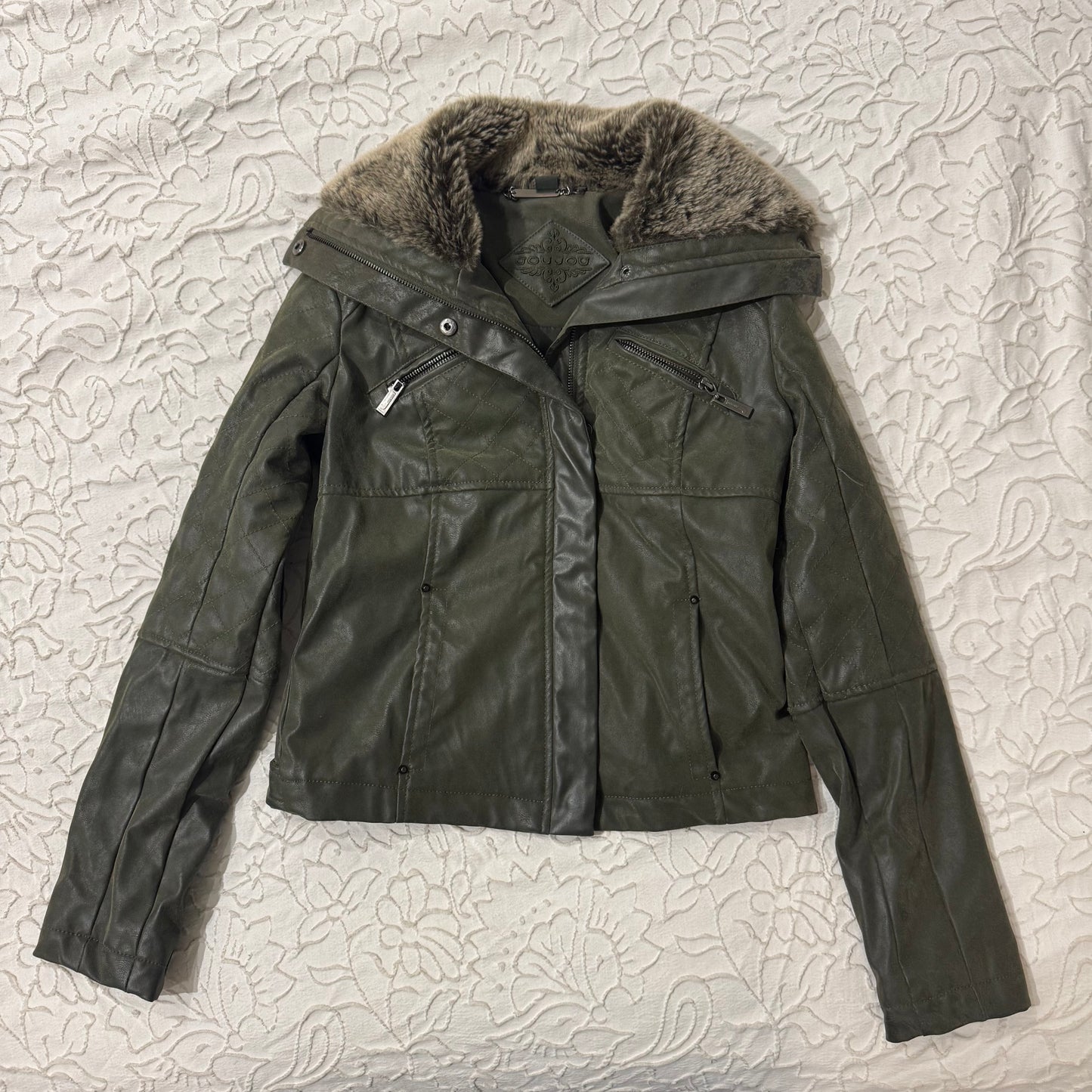 Army Green ‘Jou Jou’ Faux Fur Leather Moto Jacket
