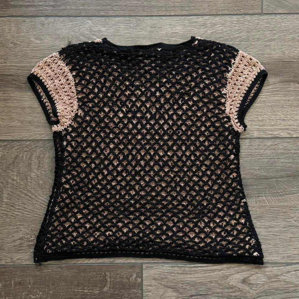 Black & Light Brown ‘Kroshetta by Papillon’ Crotchet V Neck Cropped Top
