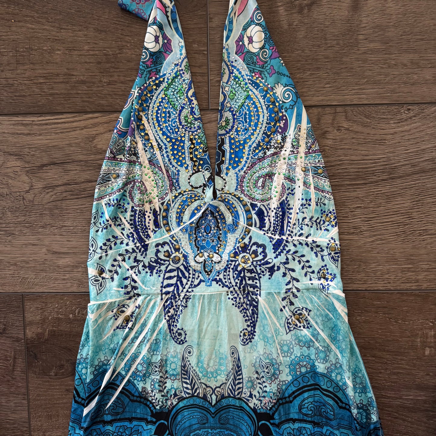 blue y2k rhinestones boho halter dress (S)