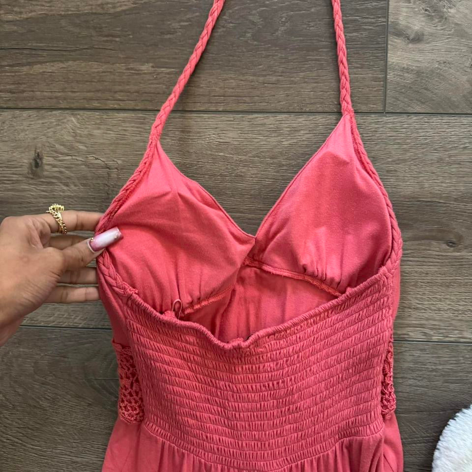 pink guess halter crochet detailing dress
