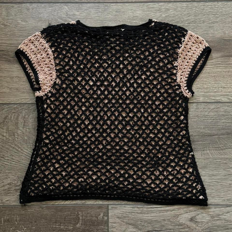 Black & Light Brown ‘Kroshetta by Papillon’ Crotchet V Neck Cropped Top