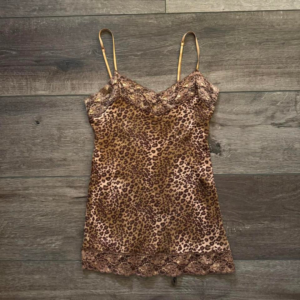 Cheetah Print ‘Banana Olive’ Y2K Lace Trim Tank Top