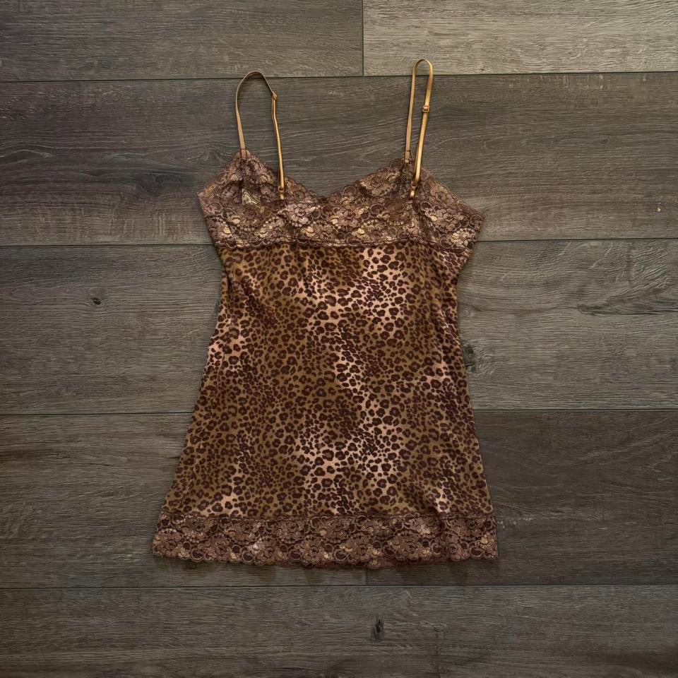 Cheetah Print ‘Banana Olive’ Y2K Lace Trim Tank Top