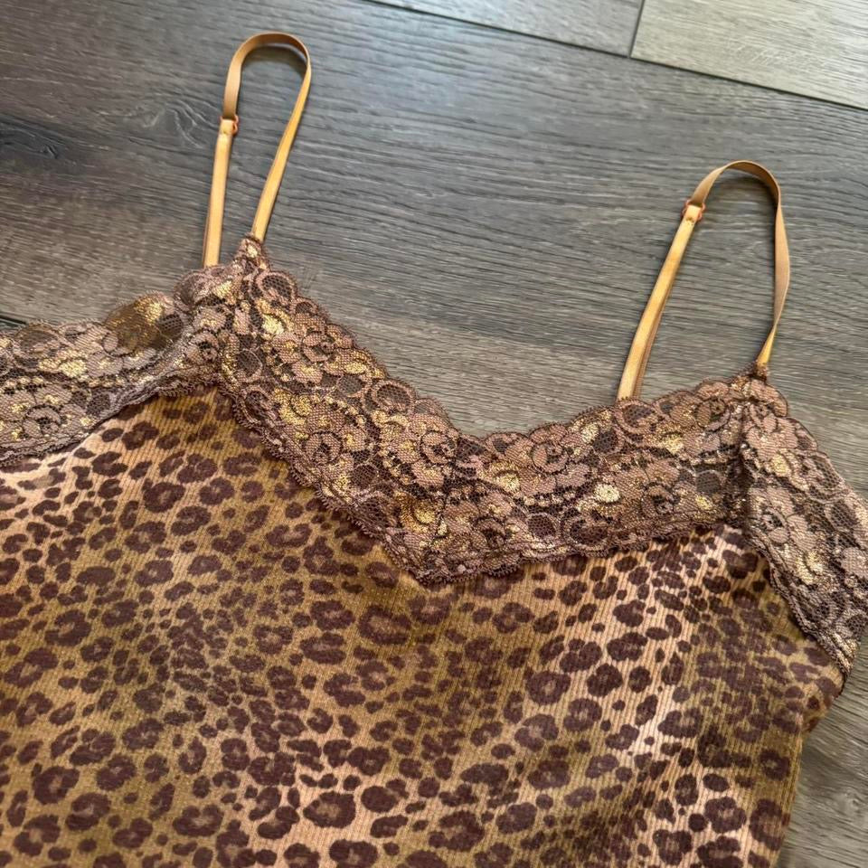 Cheetah Print ‘Banana Olive’ Y2K Lace Trim Tank Top