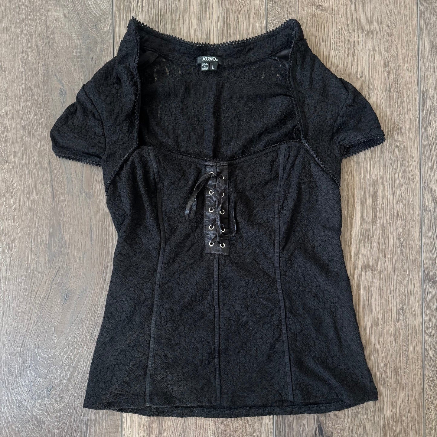 black y2k xoxo corset gothic short sleeve blouse (L)